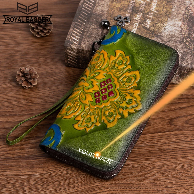 

Royal Bagger Long Wallet for Women Genuine Cow Leather Vintage Card Holder Female Zipper Clutch Phone Purse Cowhide