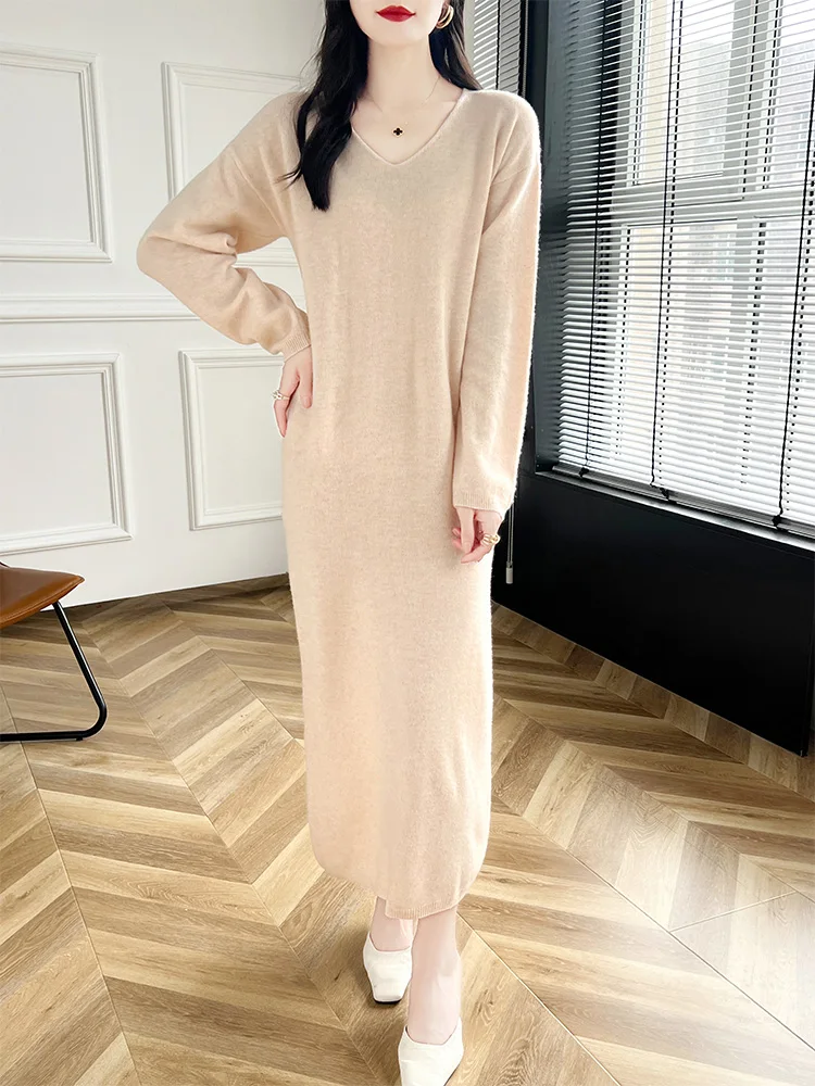 Girls Dress Women Sweater Dress V-Neck Pullover Long Dress Merino Wool Cashmere Knitwear