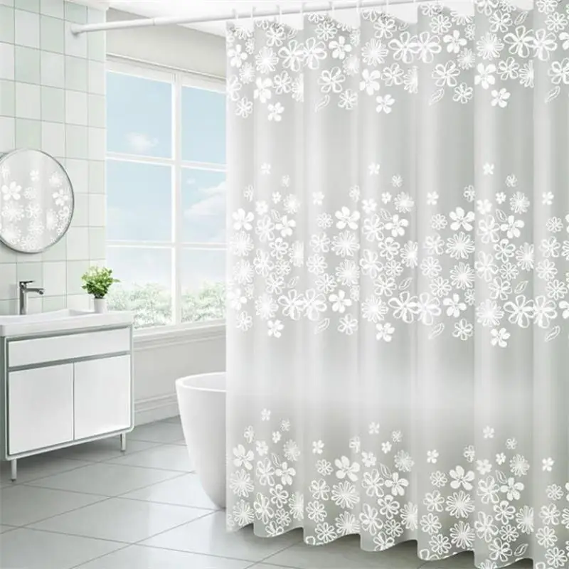 Bathroom Waterproof PEVA Shower Curtain Set With Hooks Bathtub White