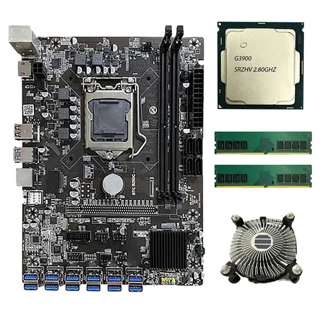 

B250C BTC Mining Motherboard with G3900 CPU+2X8G DDR4 RAM+Cooling Fan 12 USB3.0 To PCIE Slot LGA1151 DDR4 DIMM SATA3.0