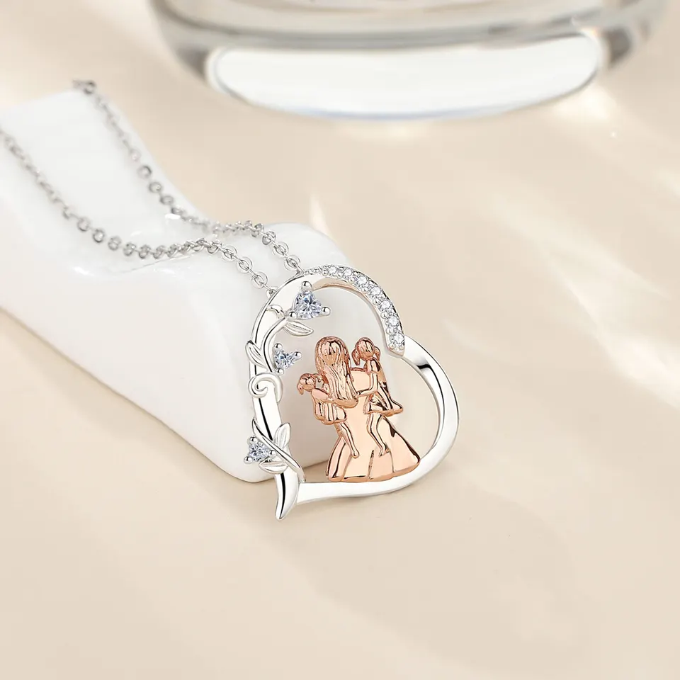 Collana Donna In Argento 925 Con Ciondolo Cuore Mamma E Figlia – Placcata Oro Rosa, Catena Regolabile 45+5 Cm
