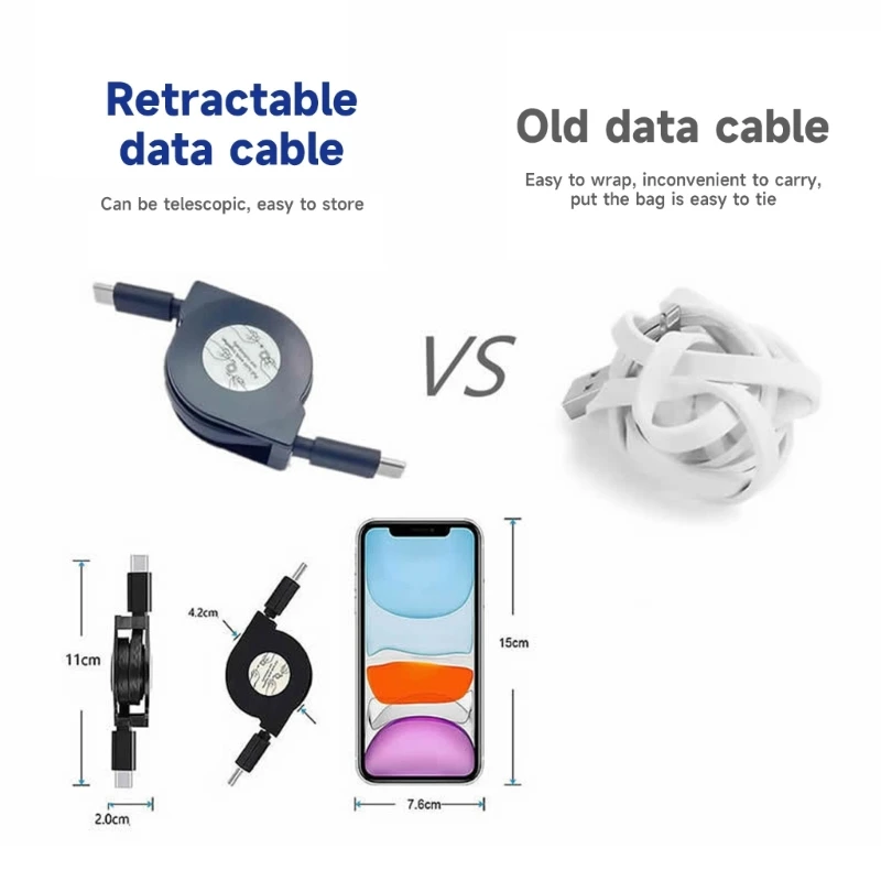 Retractable PD 60W USB C to USB C Data Cable, Notebook Fast Charging Cord Type Phone Tablets
