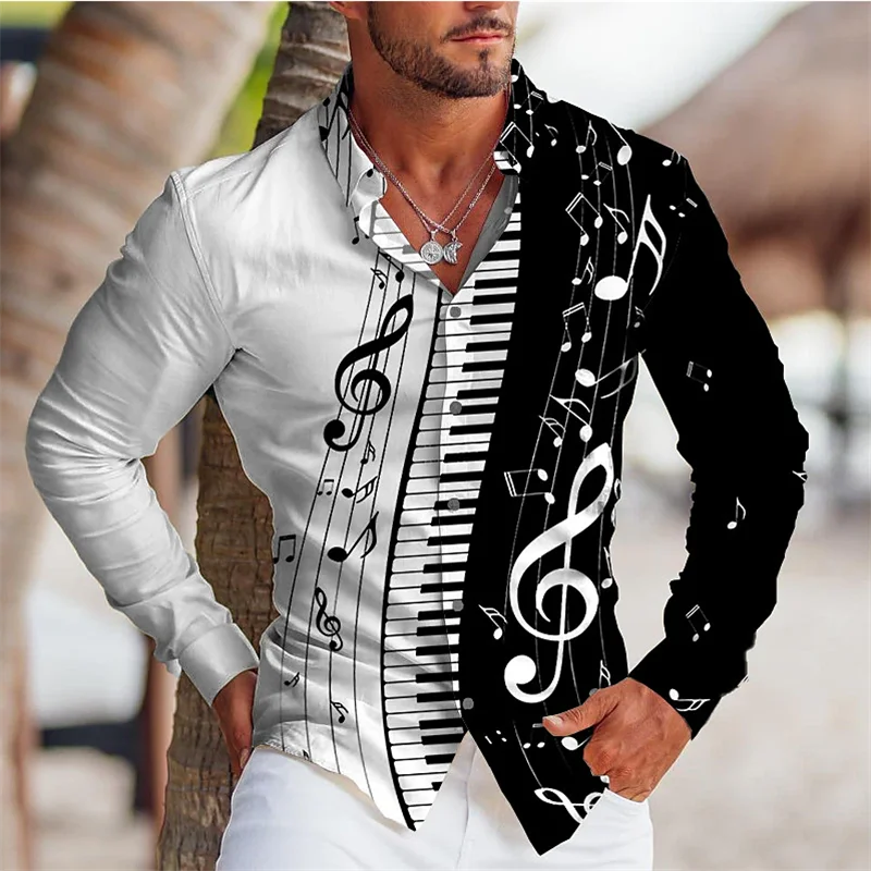 Linen Fashion Stand Collar Men Shirts Cool Music Festival Notes Piano Keys HD Printing Long Sleeves Party Fashion Plus Size mens dress shirt