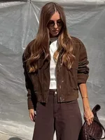 HH Woman Fashion Solid Long Sleeves Loose Jacket High Street Coat Women Zipper Pocket Button Decoration Casual Short Coat