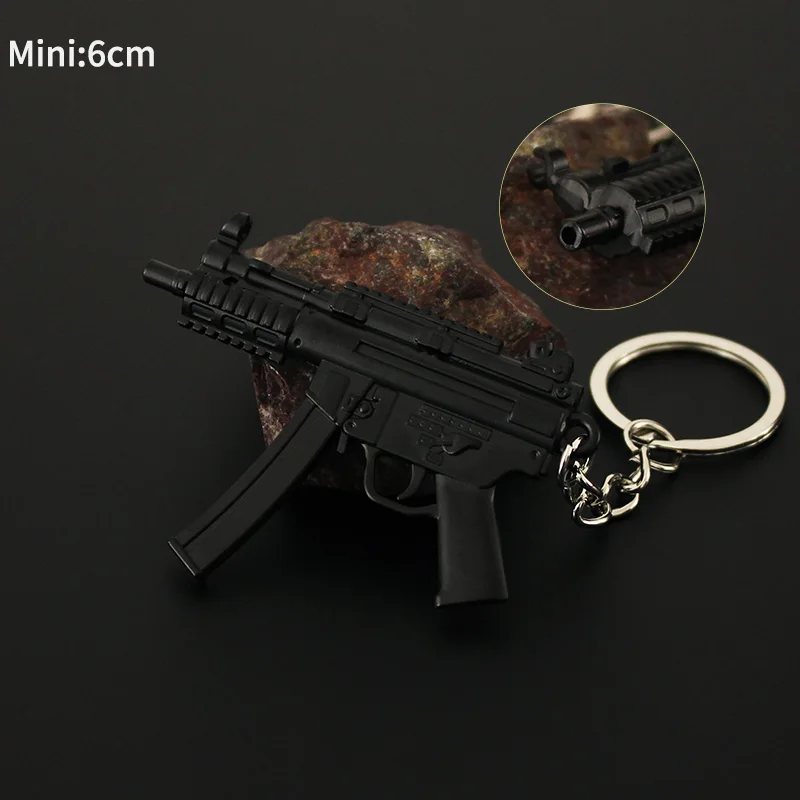Mini PUBG Gun Keychain 9cm Metal MP5 Weapon Model Alloy AK47 AWM M24 Light Key Chain Bookbag Car Pendant Gifts Toy for Kids 2