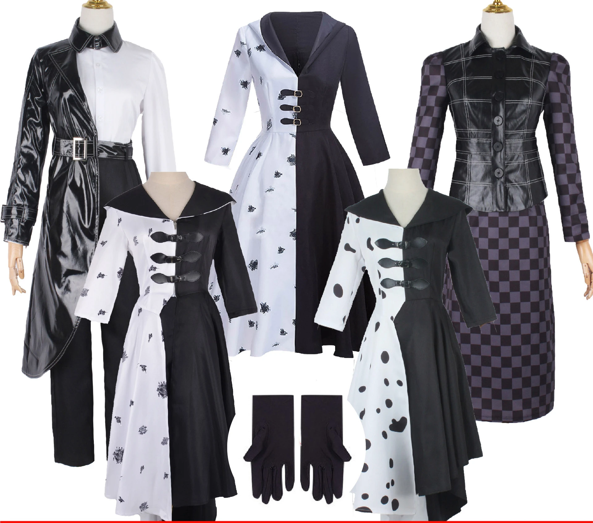 

Movie Evil Madame Cruella De Vil Cosplay Costume Women Gown Black White Maid Dress Girls Women Halloween Party Fancy Dress Wig