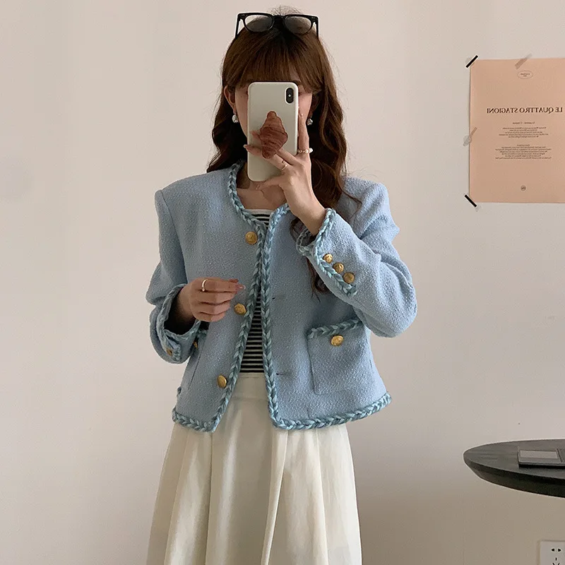 

[Original] Blue temperament casual small fragrance jacket for women's 23 autumn new loose and slimming short coarse tweed top