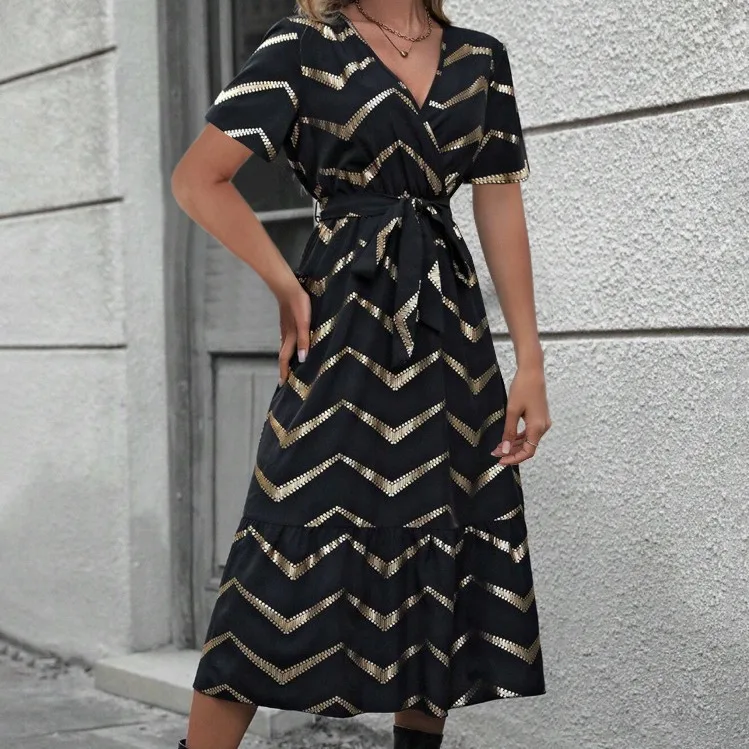 

2024 Spring and Summer Striped Printed Belt Elegant Short-sleeved Dress