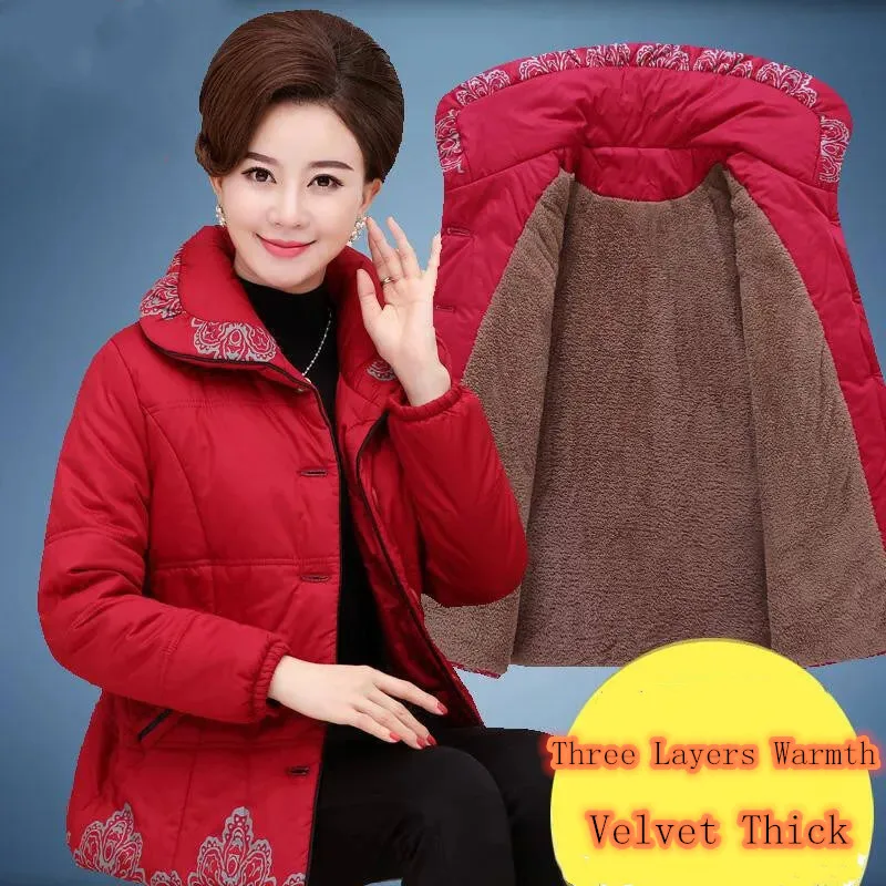 

Winter Coat Velvet Thick Middle-Aged Elderly Grandma Parkas Warm Print Women Cotton-Padded Jacket Mother Short Outwear XL-5XL