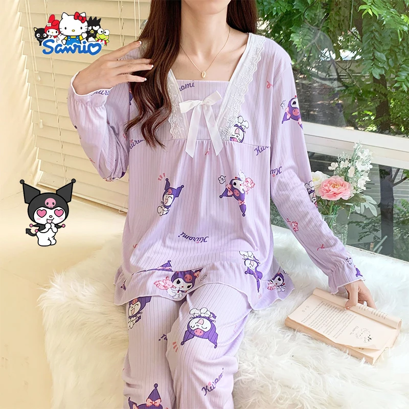 

Sanrio Pajamas Sets Kawaii Kuromi Cinnamoroll Cartoon Cute Lace Long Sleeve Long Pants Home Clothes Two Piece Set Girls Gifts
