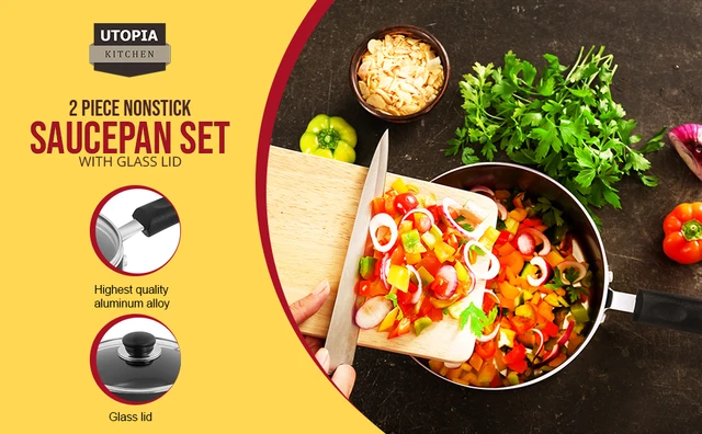 Utopia Kitchen Nonstick Saucepan Set with Lid - 1 Quart and 2 Quart  Multipurpose Pots Set Use for Home Kitchen or Restaurant (Grey-Black)