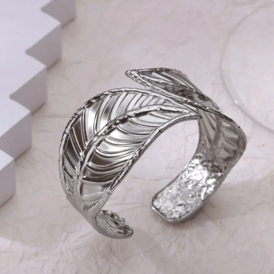 Womens Silver Geometric Leaf Bangle Bracelet for Wedding Gift