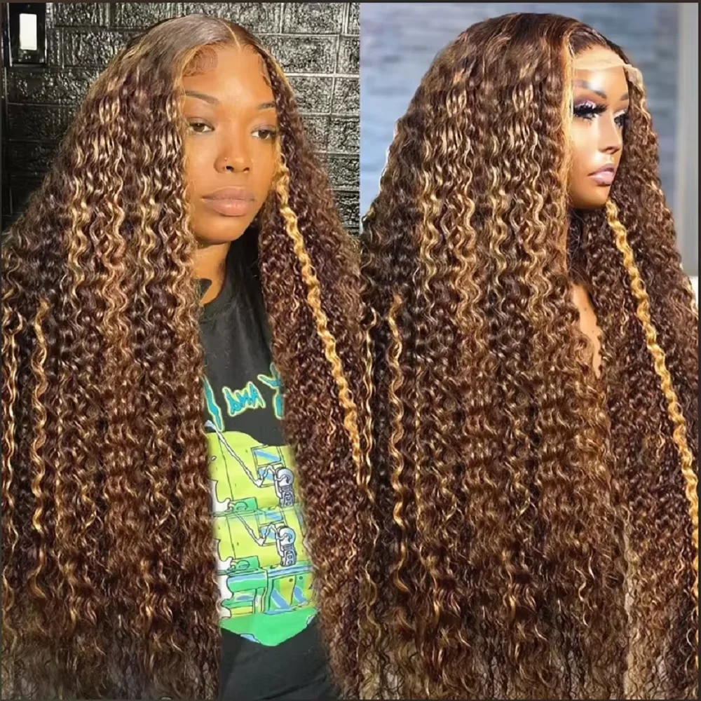 250 Density 30 46 Inch Highlight Ombre Deep Wave HD Lace Front Wig Colored Curly Human Hair Wig 13x6 Lace Frontal Wigs For Women