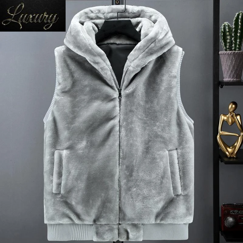 

2023 New Sleeveless Jacket Men Hooded Warm Thermal Witnter Faux Fur Vest Male Plush Flannel Coat Fluffy Fleece Waistcoat Autumn