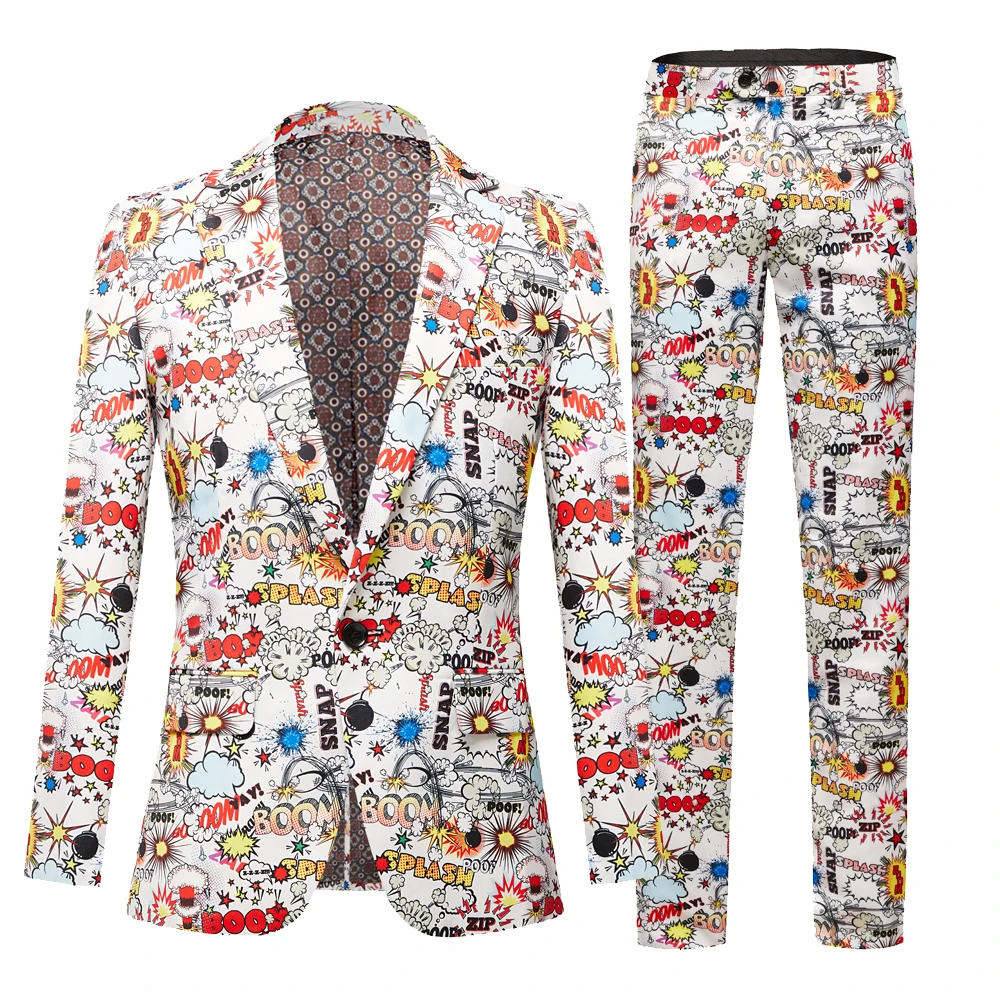 

Mens Fashion Printed 2PCS Set Evening Host (Blazer+Pants) Casual Suits Plus Size Hip Hop Slim Fit Singer Wedding Costume Tuxedo