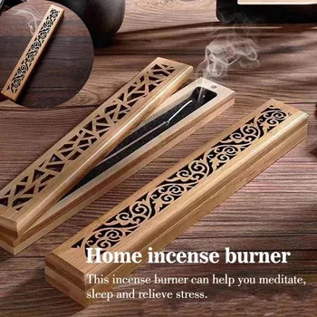 Natural Bamboo Incense Burner With Laying Plate Aromatherapy Wooden Box For Incense Storage Burning Hollowed Line Incense Box