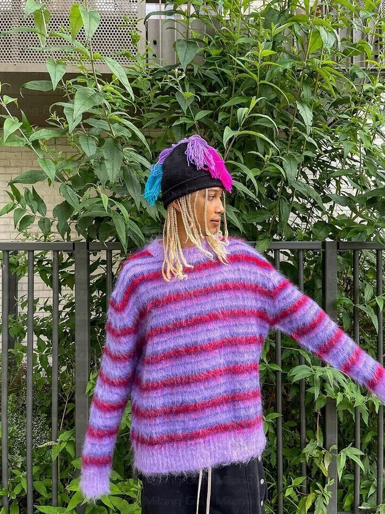 

y2k Purple Striped Japanese Men's Sweater Hip Hop Loose Streetwear Harajuku Pullover Male Autumn Women Oversized Knitted Clothes