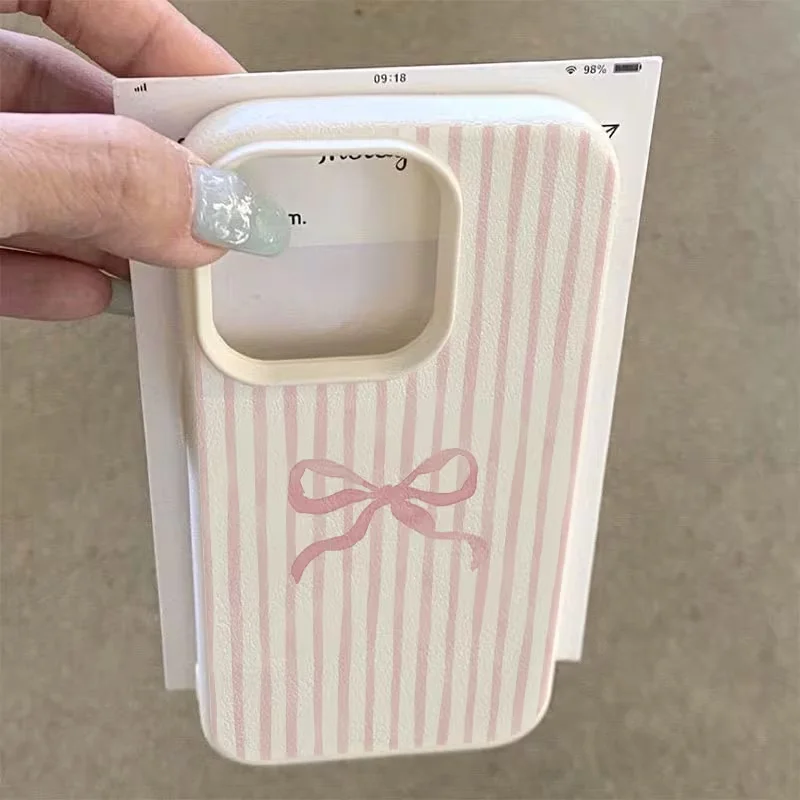 Elegant Striped Pink Bow Pattern Shockproof Soft Phone Case