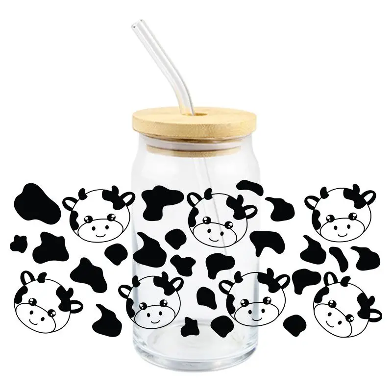 3D Stickers 3D Wall Stickers UV DTF Wrap Transfer Cute Cow UV DTF Wrap Transfer Stickers Black Spots Design DIY Wrap For Glasses Cups Bottles Waterproof Decal