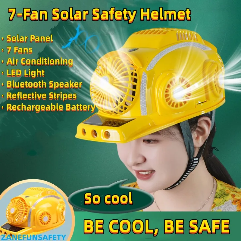 7-Fan Solar Safety Helmet With Air Condition LED Headlight Bluetooth Large Rechargeable Battery SOS Alarm and Reflective Stripes