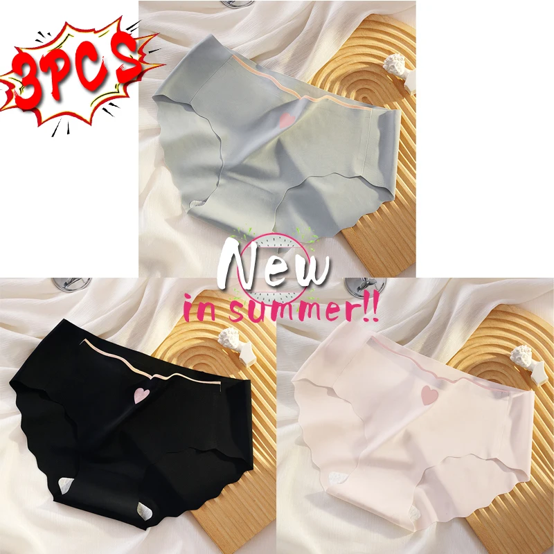 여성용 웨이브 컷 아이스 실크 속옷, 로우 라이즈 심리스 소녀 브리프 팬티, 섹시한 로우 웨이스트 여성 언더팬츠, 귀여운 섹시한 소녀, 3 개 