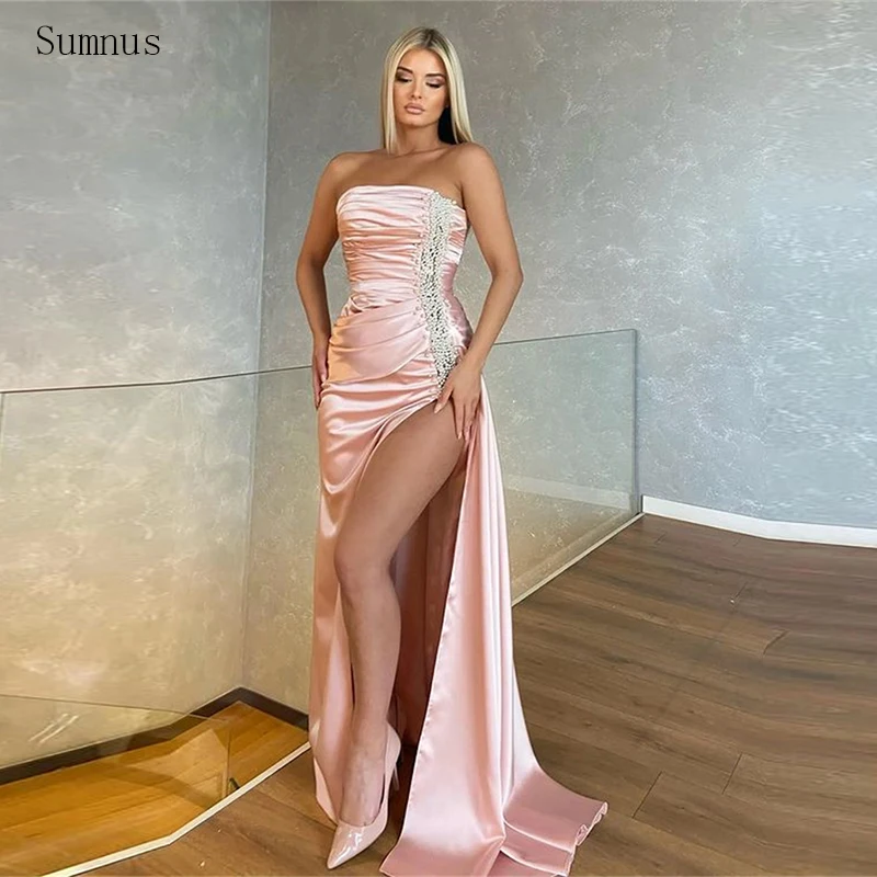 

Sumnus Pink Vintage Mermaid Prom Dresses Stain Leg Slit Pleat Long Evening Dresses Strapless Sleeveless Robes De Soirée 2023