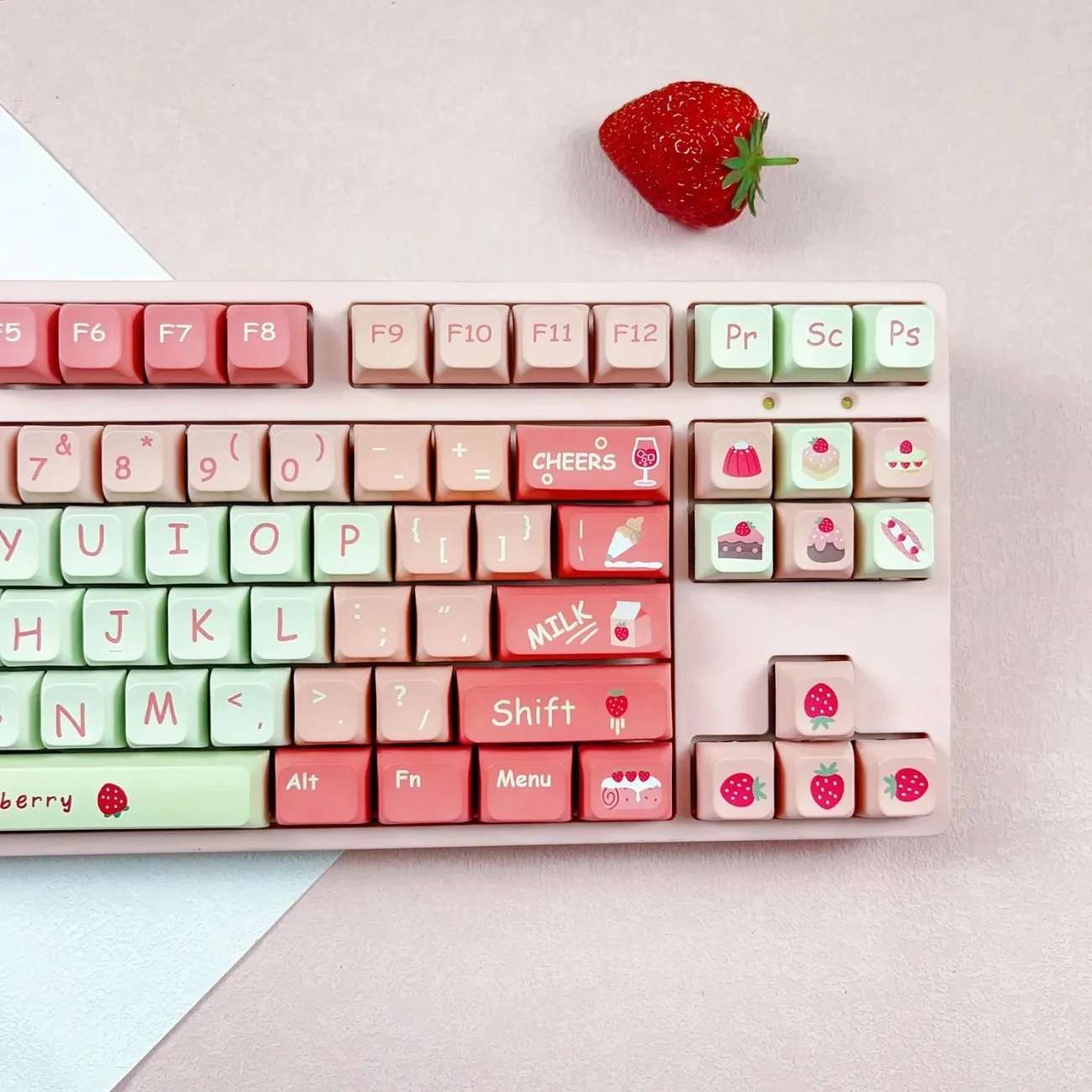 Cute Pink Strawberry Keycaps Fruit Theme Pbt Xda Profile mx Switches Faça Você Mesmo Teclado Gamer Mecânico 135 Chaves - Imagem 4