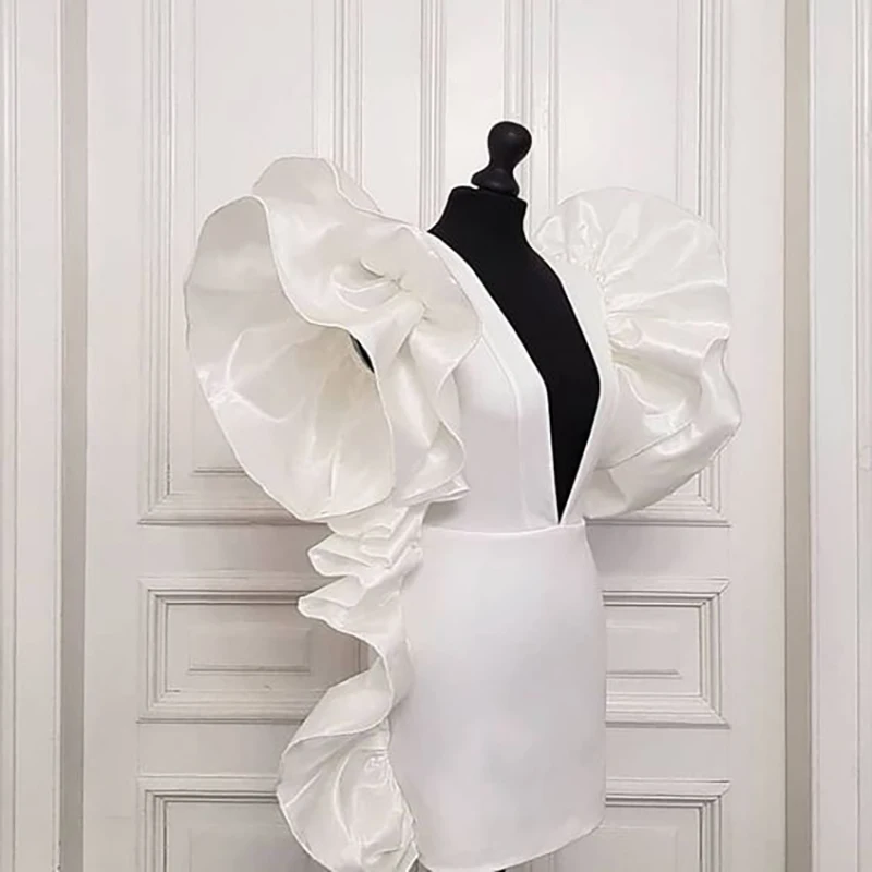 

KSDN White Simple Prom Dress Women Evening Dresses V-Neck Ruffles Mini Skirt Above Knee Casual Outwear Elegant Women 2023