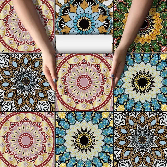 Vinilo autoadhesivo para suelo, diseño de Mandala, adhesivo impermeable  para baño, sala de estar, accesorios de decoración, azulejos,  antideslizantes - AliExpress