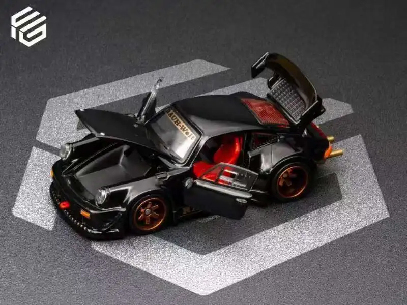 FG 1:64 Modified Porsche RWB 930 Black Diecast Car Model with Opening Hood, Doors & Rear Wing In Stock Ready To Ship