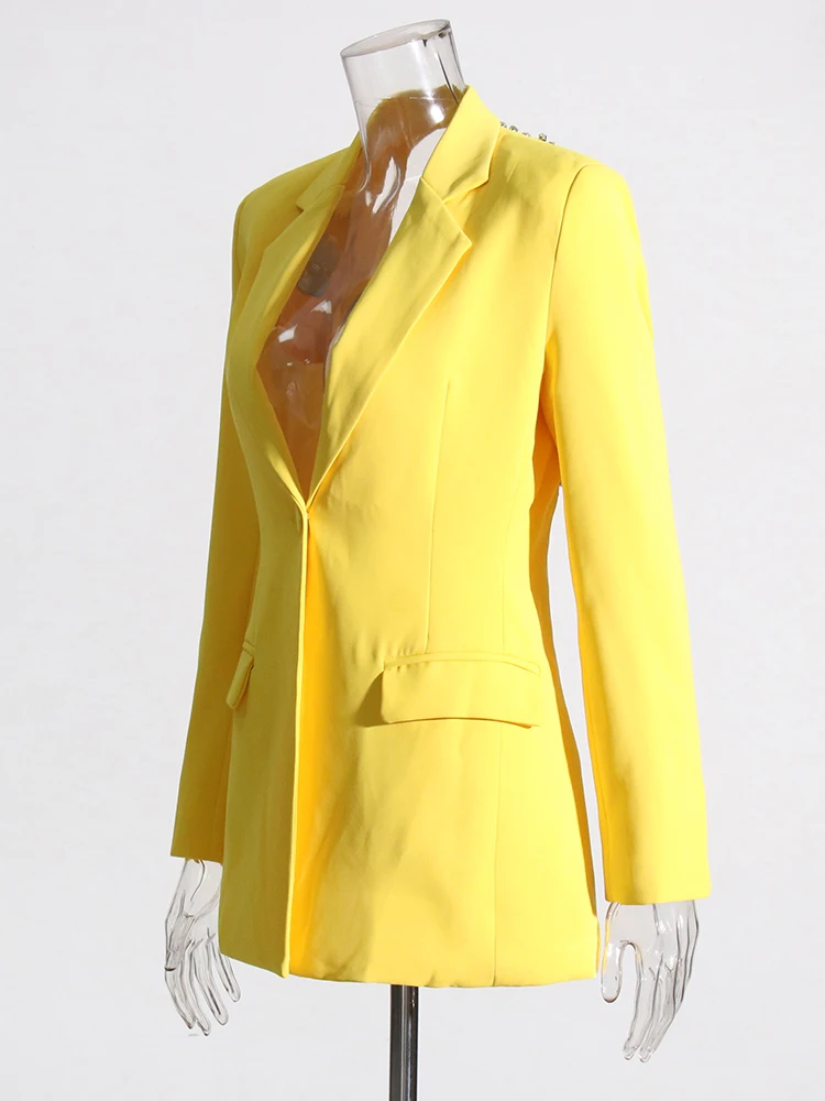 TWOTWINSTYLE Patchwork Diamonds Blazers For Women Notched Collar Long Sleeve Tunic Hollow Out Solid Blazer Female Fashion 2023