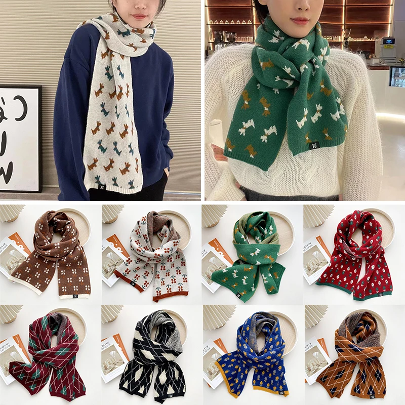 

Korean Style Diamond Grid Scarf Thicken Plaid Flower Neckerchief Fashion Dog Pattern Warm Neck Muffler Women Winter Shawl Wraps