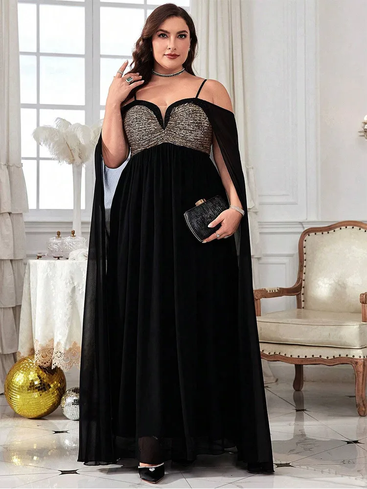 

Plus Size 4XL5XL Off-The-Shoulder Cape Black Floor-Length Long-Sleeved Evening Dress Sequins Luxury Bridesmaid Evening Dress 5xl