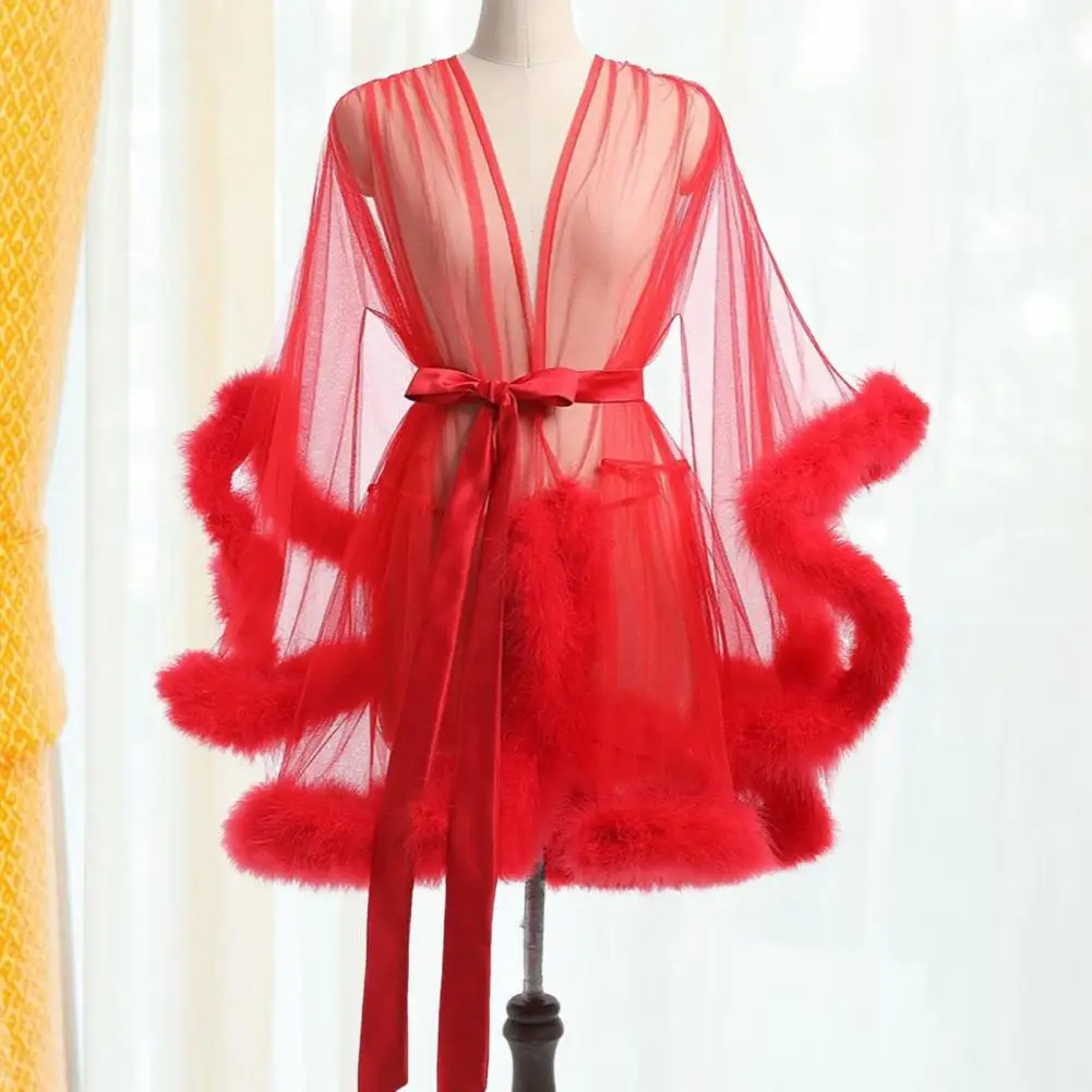 Waist-tie Women Sleepwear Mesh Ruffle Nightgown