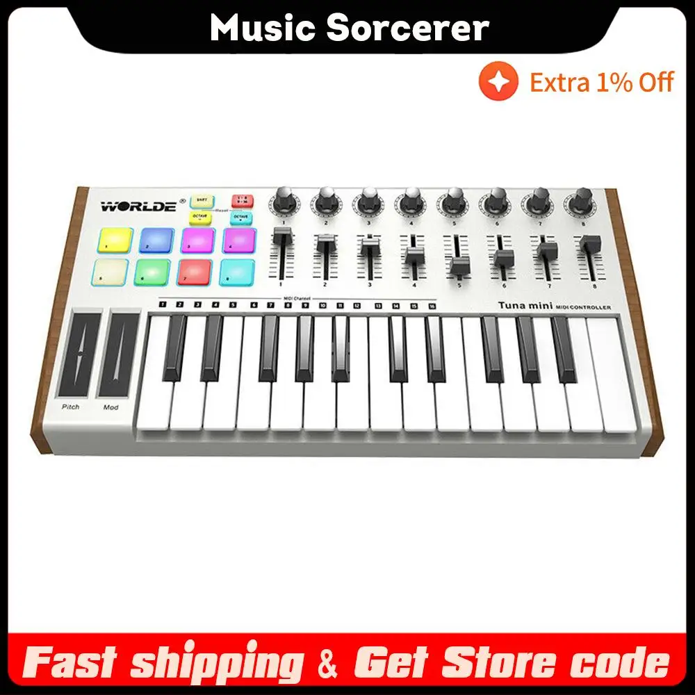 WORLDE TUNA MINI Ultra-Portable 25-Key USB MIDI Keyboard Controller 8 RGB Backlit Trigger Pads with 6.35mm Pedal Jack