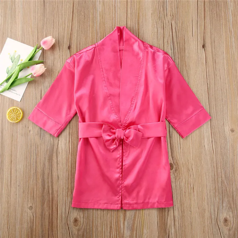 1-5years Infant Girl Solid Color Pajamas Silk Satin Gown Sleepwear Plain Kimono Robes Toddler Kids Girls Nightwear