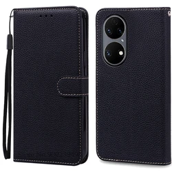 Luxury Leather Wallet Flip Case - Premium Soft Silicone Protective Cover for Huawei P50 Pro (Black)