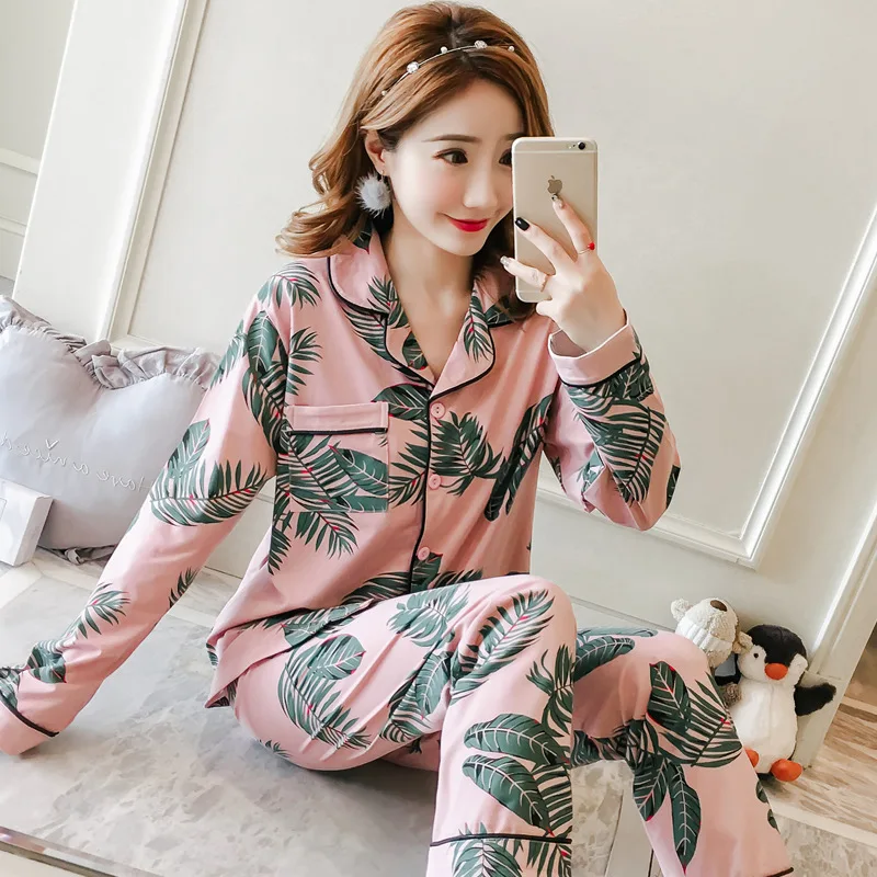 Women Pajamas Set 100% Cotton Pyjama Cow Spot Pijama Female Homewear Soft Sleepwear Long Sleeve Lapel Shirt Pants Suit Nightwear
