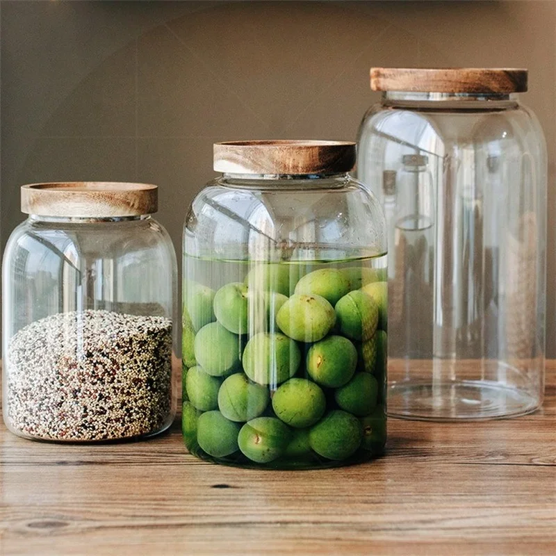 High borosilicate glass acacia wood lid glass jar food airtight storage jar large storage container Solid wood lid pickle jar 2