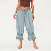 Women's Y2K Loose Fit Bloomers Cropped Pants Drawstring High Waist Floral Lace Patchwork Calf-Length Lantern Trousers - Image 4