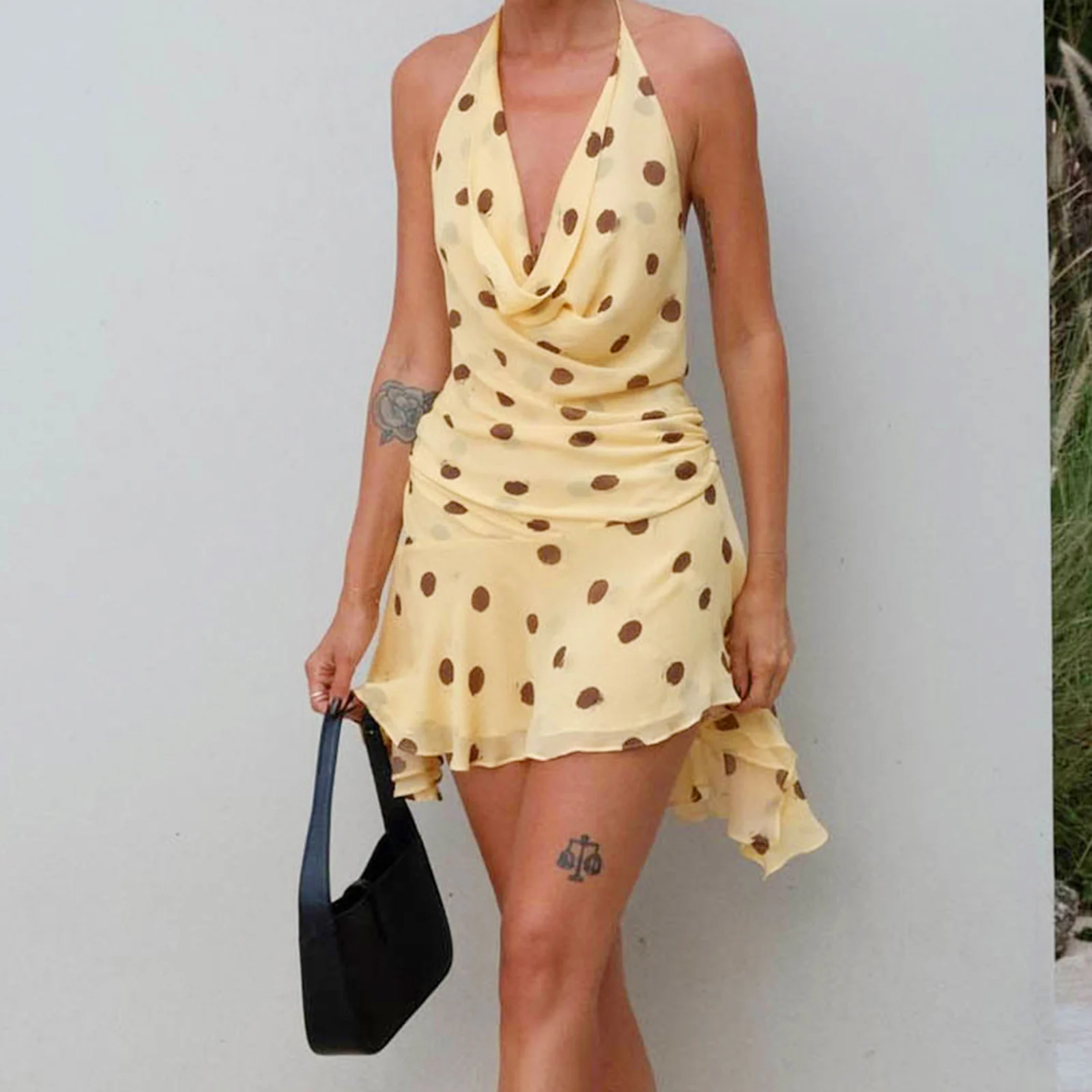 Women Summer Halter Mini Dress Ruffled Backless V Neck A Line Dress For Beach Vacation Party Daily Wear Streetwear - Image 3