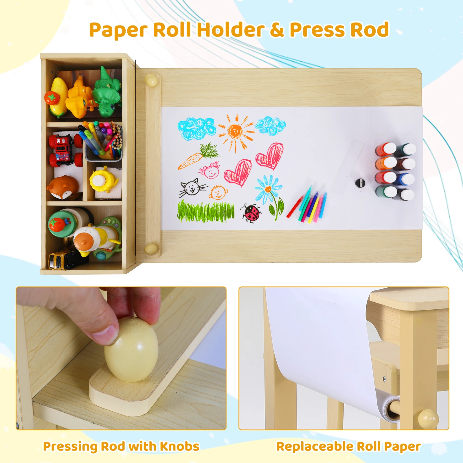 AOOU Kids Art Table and 2 Chairs, Toddler Craft Drawing Desk with Large Storage Shelves, 4 Storage Bins and Paper Roll 5