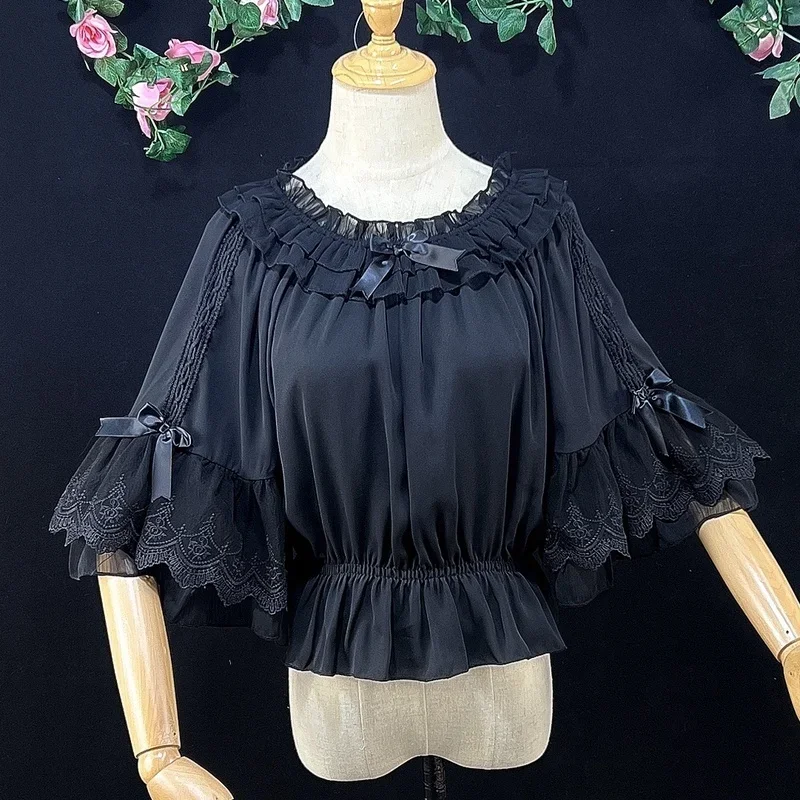 Sweet Lolita Bow Ruffles Chiffon Blouses for Women, Short Flare Sleeve Undershirt for Girl, Kawai Off Shoulder Shirt, Crop Tops,