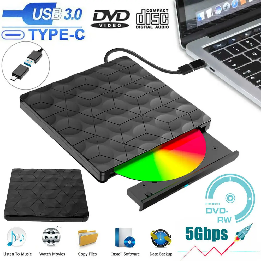 

5Gbps External USB3.0 DVD RW CD ROM Writer Drive Burner Reader Player for Laptop