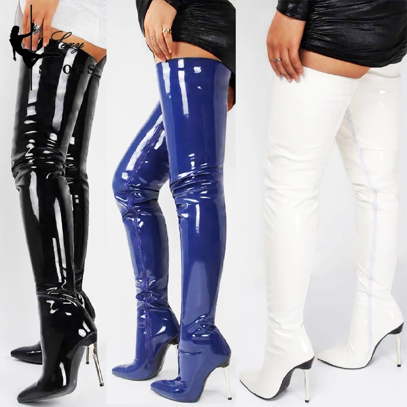 Women High Heel Boots Sewing Pointed Toe Thin Heels Over-the-Knee Sexy Stripper Large Size
