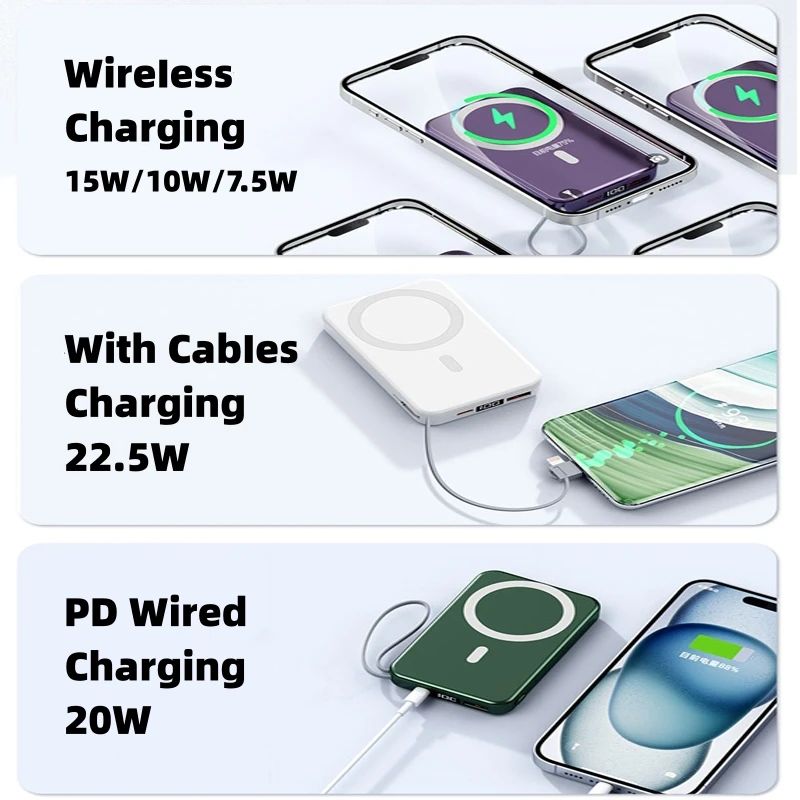 2024 신형 10000mAh 마그네틱 무선 보조 배터리 22.5W 급속 충전기, iPhone 15 14 13 12 Pro Max 외장 보조 배터리 팩