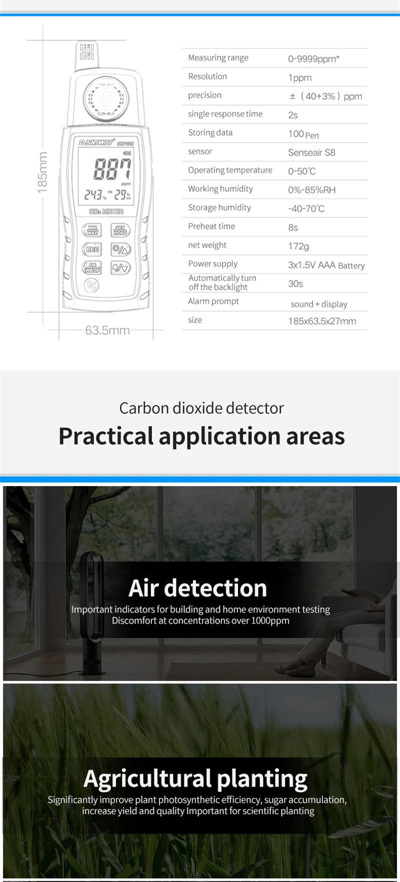 SNDWAY SW-723 Gas Detector Carbon Dioxide CO2 Monitor Alarm 9999 PPM Sensor Prof