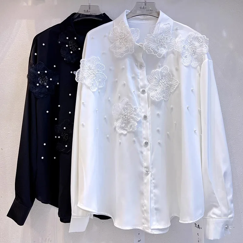 

Spring 3D Lace Floral Embroidery Chiffon Shirts 3D Flowers Sequined Pearls Beaded Faux Silk Blouses Cardigan Blusas Crop Tops