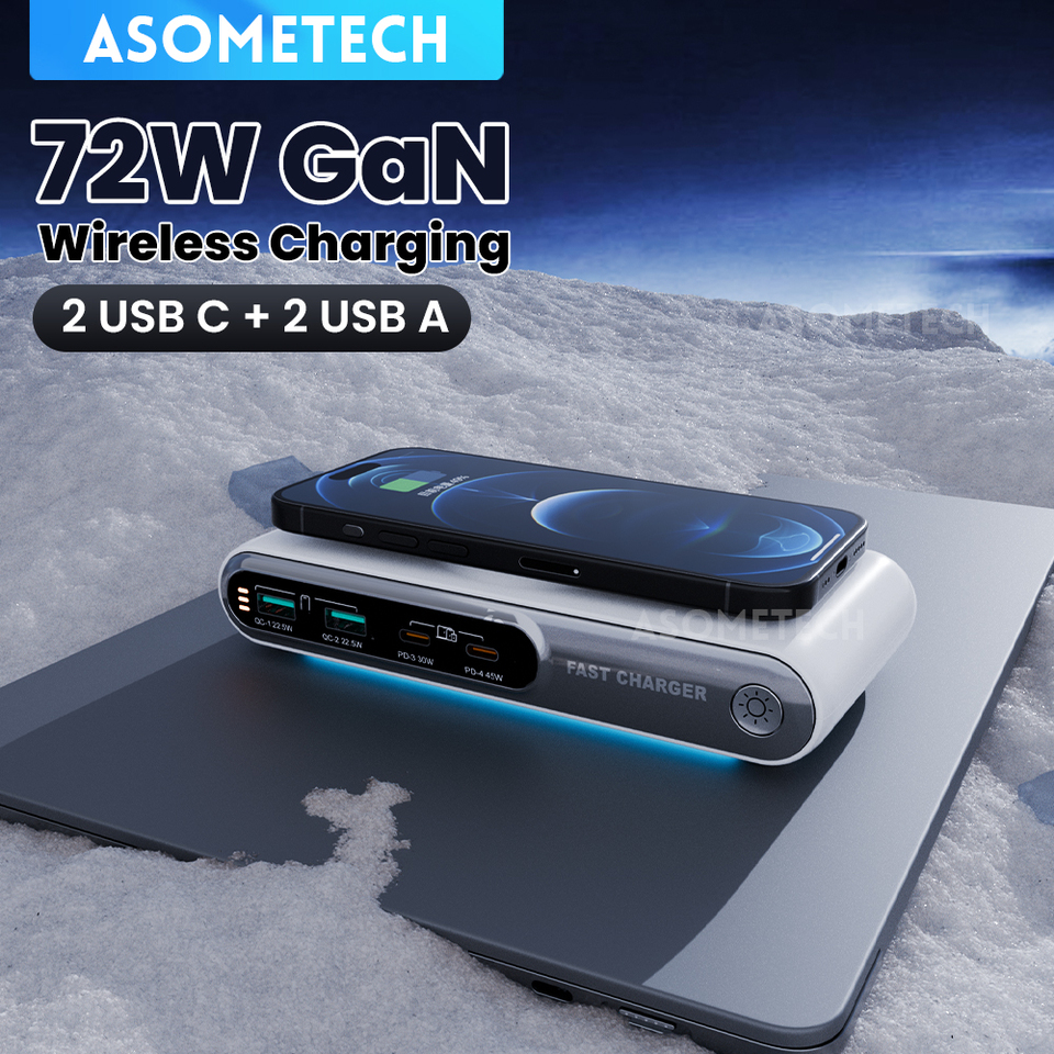 72W GaN USB C Fast Charger Station Wireless Charging 4 Port PD QC PPS 45W Charger for IPhone 16 15 Samsung Laptop Tablet Macbook