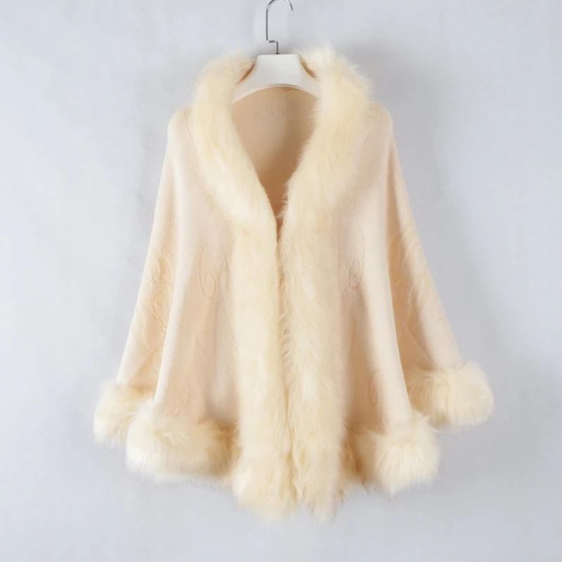 2023 Winter New Women Imitation Fox Fur Collar Fur Shawl Female Oversized Knit Coat Fashion Solid Color Cape Casual Warm Outwear